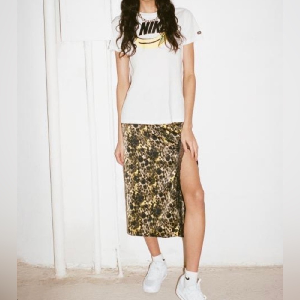 Urban Outfitters Midi Skirt - Leopard Print Lace Trim Side Slit